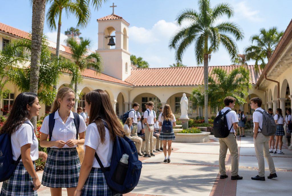 Students and a teacher gathered on the lawn of a Broward church school under palm trees