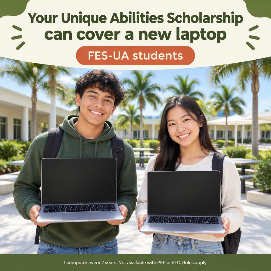 A Fort Lauderdale student with a new laptop bought through a Florida Unique Abilities Scholarship