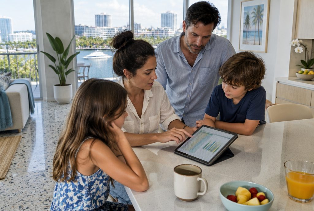 A Broward couple at a kitchen table comparing school tuition quotes with a printed scholarship award letter